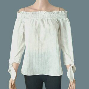 Michael Kors Off Shoulder Top XS Silver Weaving Tie Sleeves White Ribbed Shirt